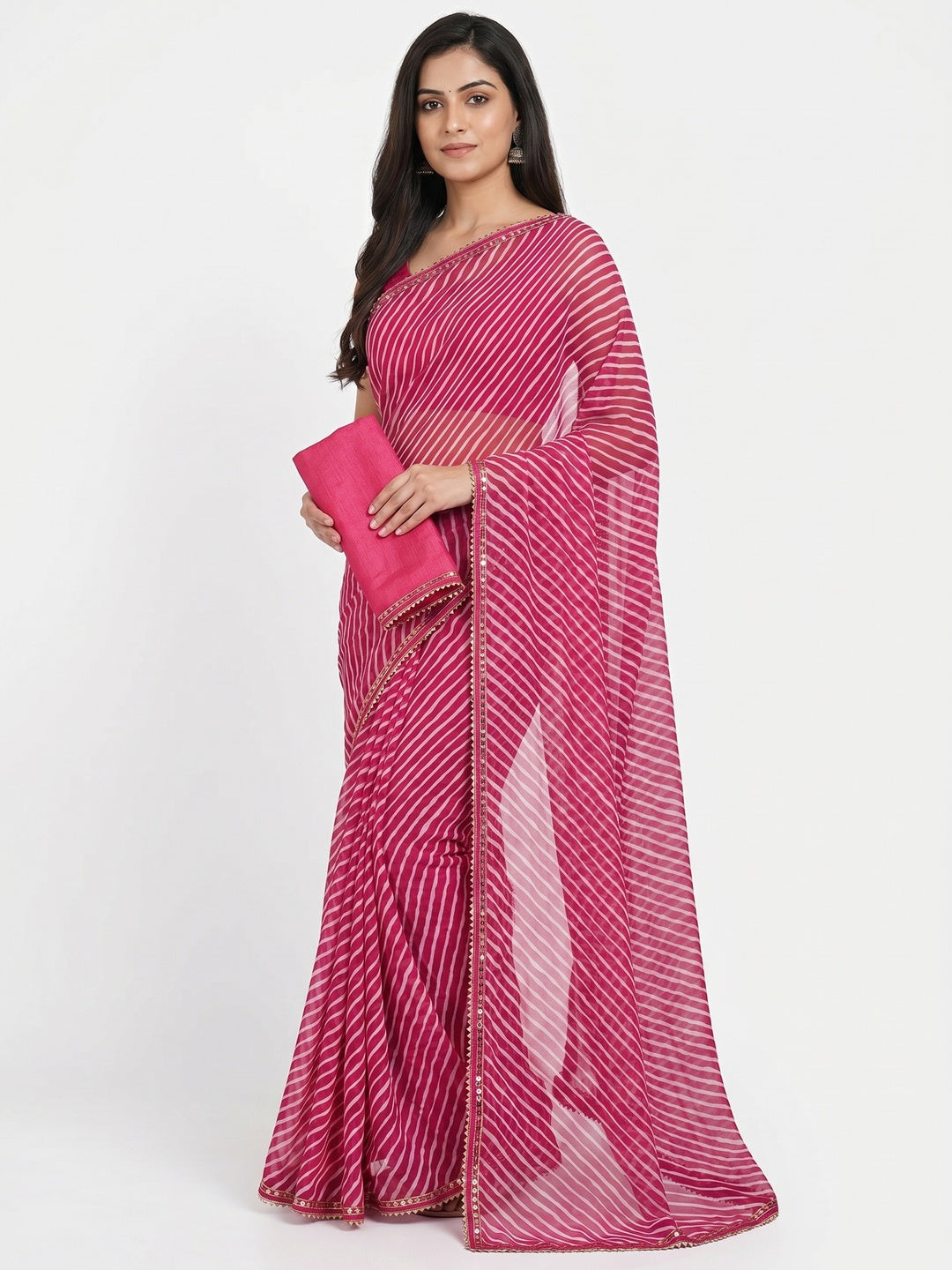 Pink Printed Georgette Saree With Sequins Border - Image 1