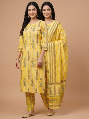 Yellow Floral Printed Pure Cotton Dress Material - Image 1