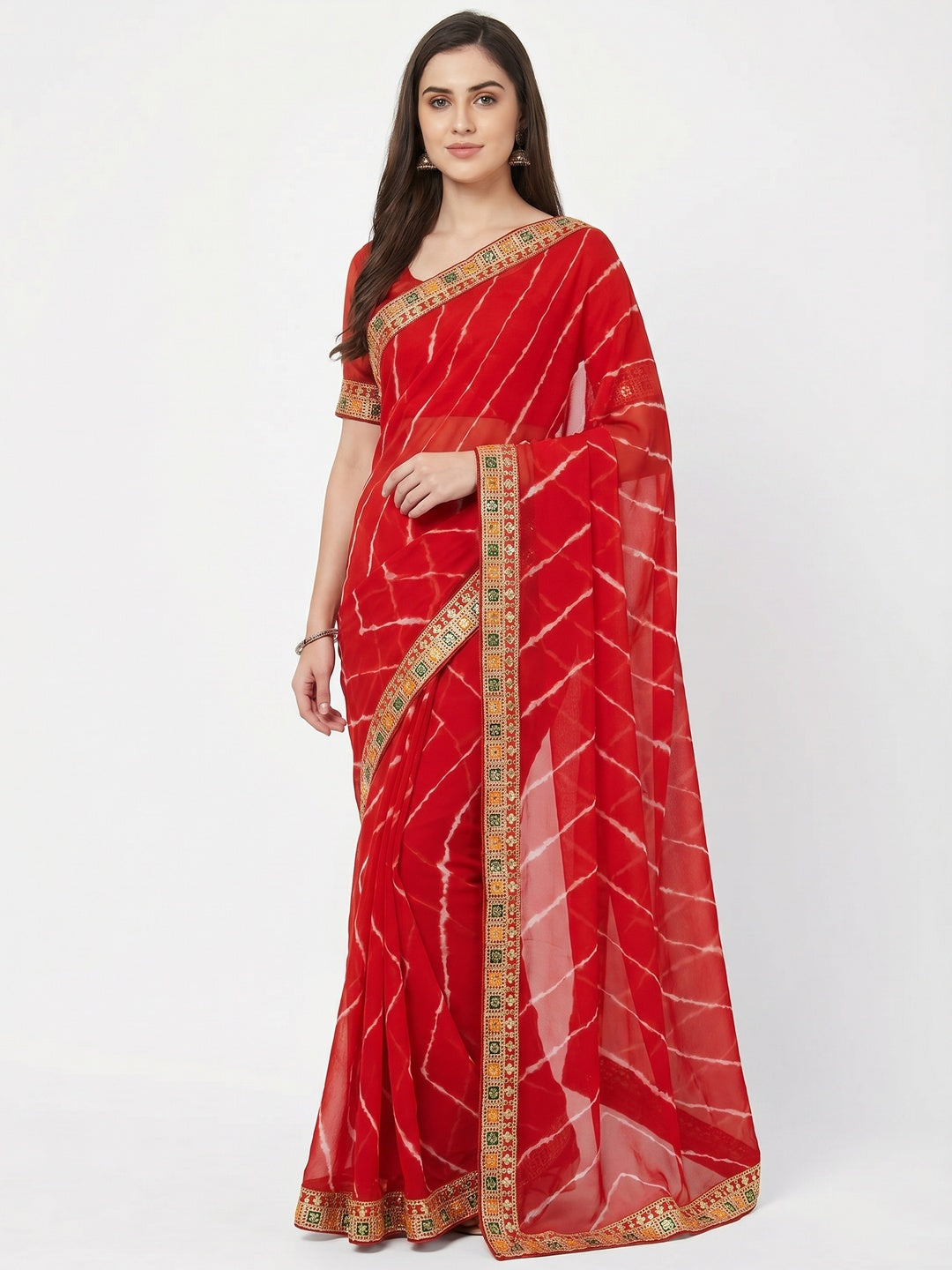 Red Leheriya Printed Georgette Saree With Sequins Border - Image 1