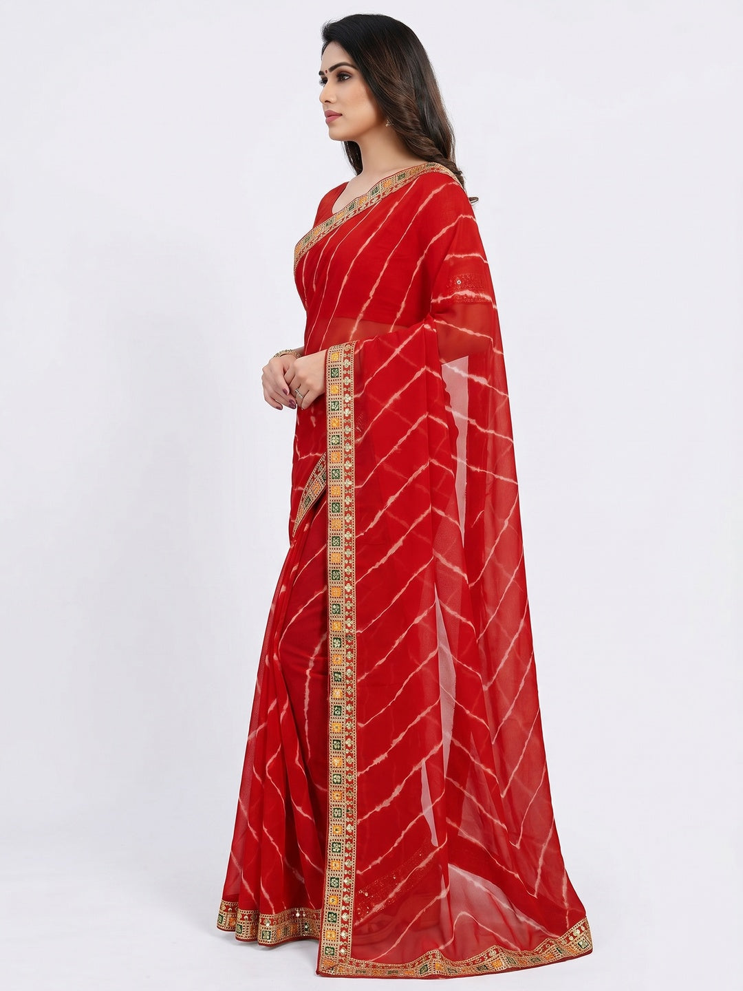 Red Leheriya Printed Georgette Saree With Sequins Border - Image 2