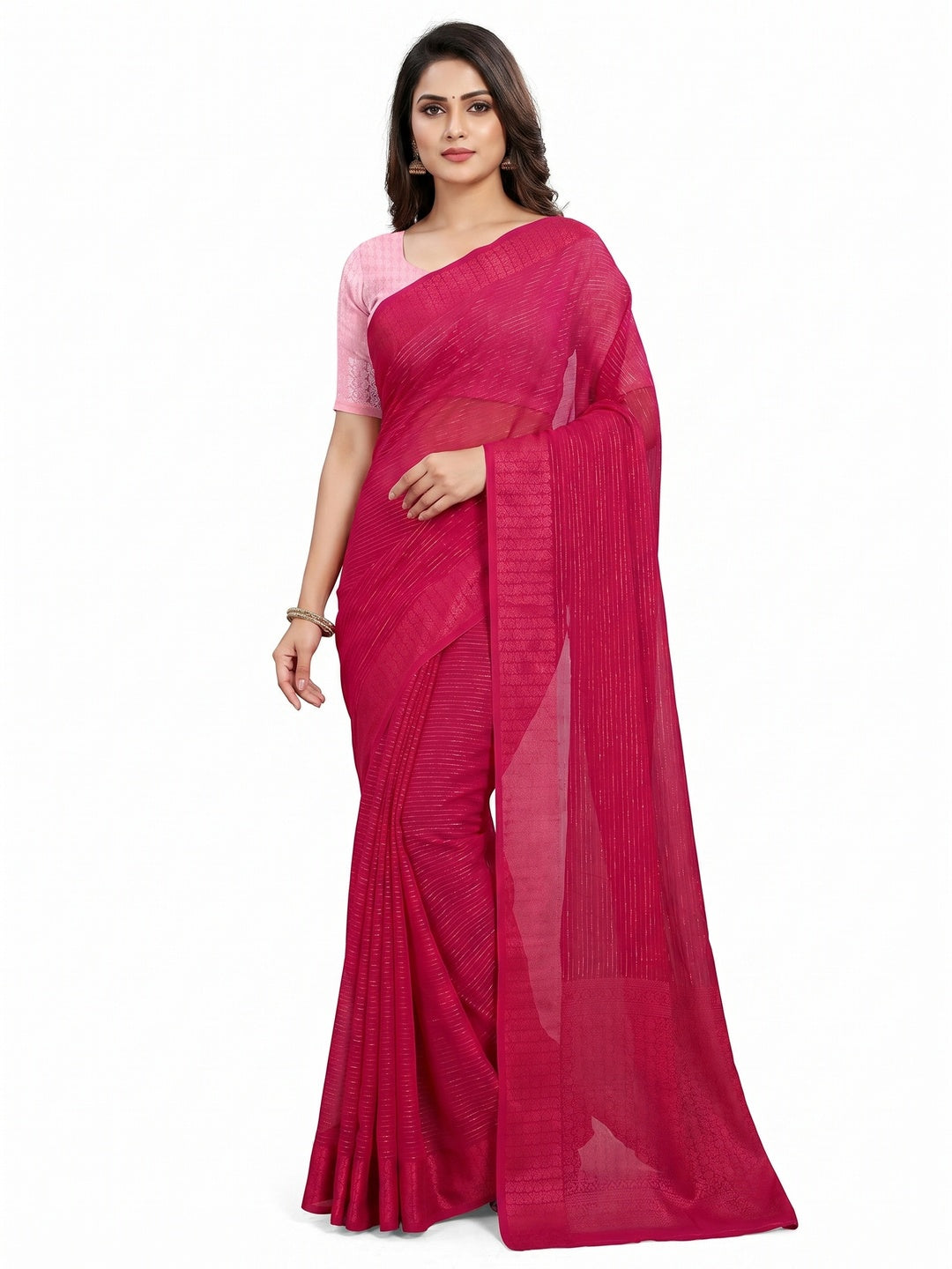 Rani Pink Zari Woven Georgette Saree - Image 1