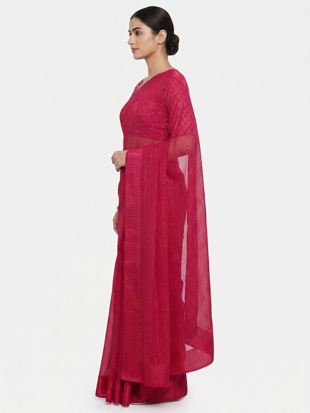 Rani Pink Zari Woven Georgette Saree - Image 3