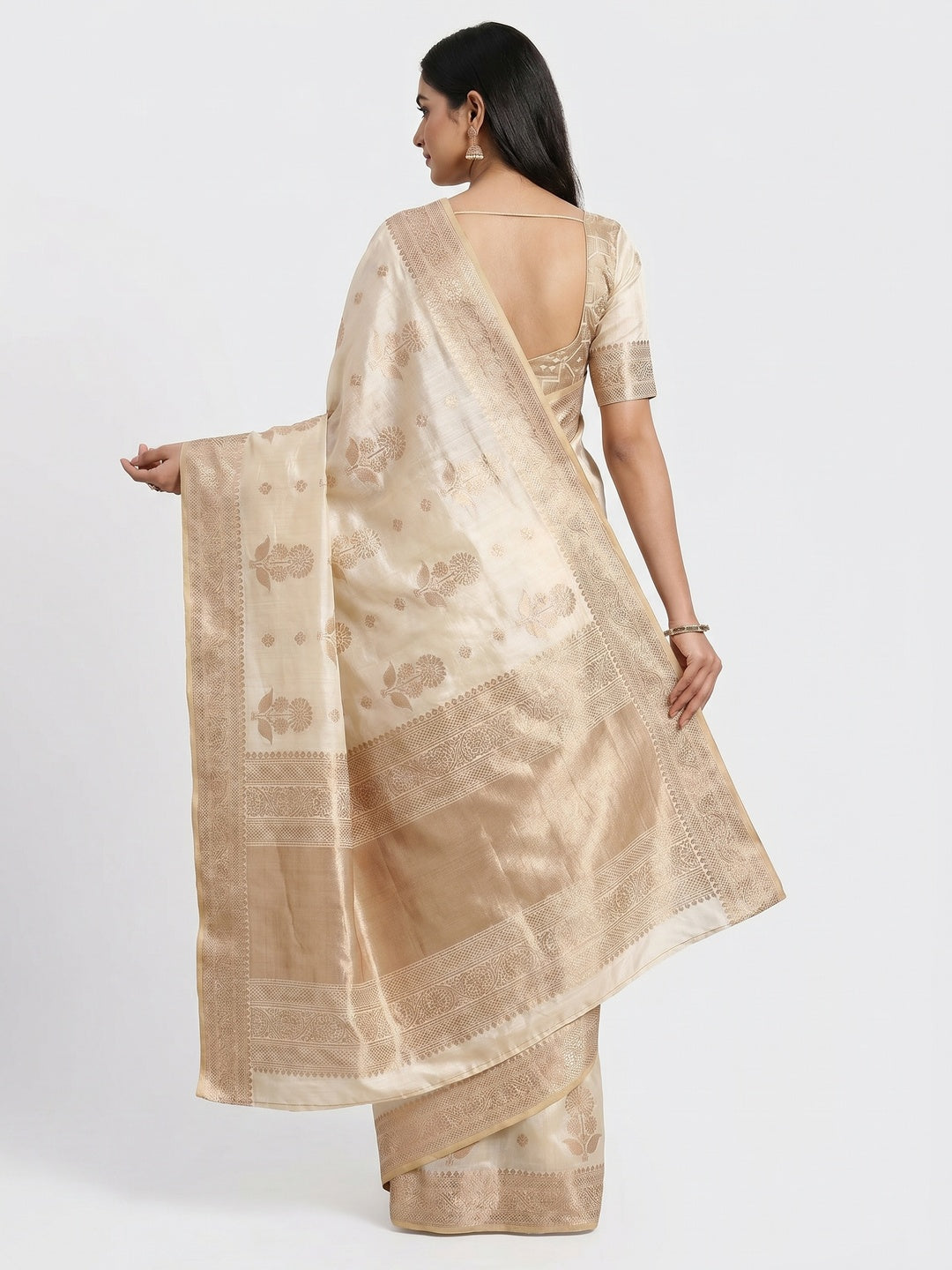 Off White Off White Floral Woven Raw Silk Saree - Image 2