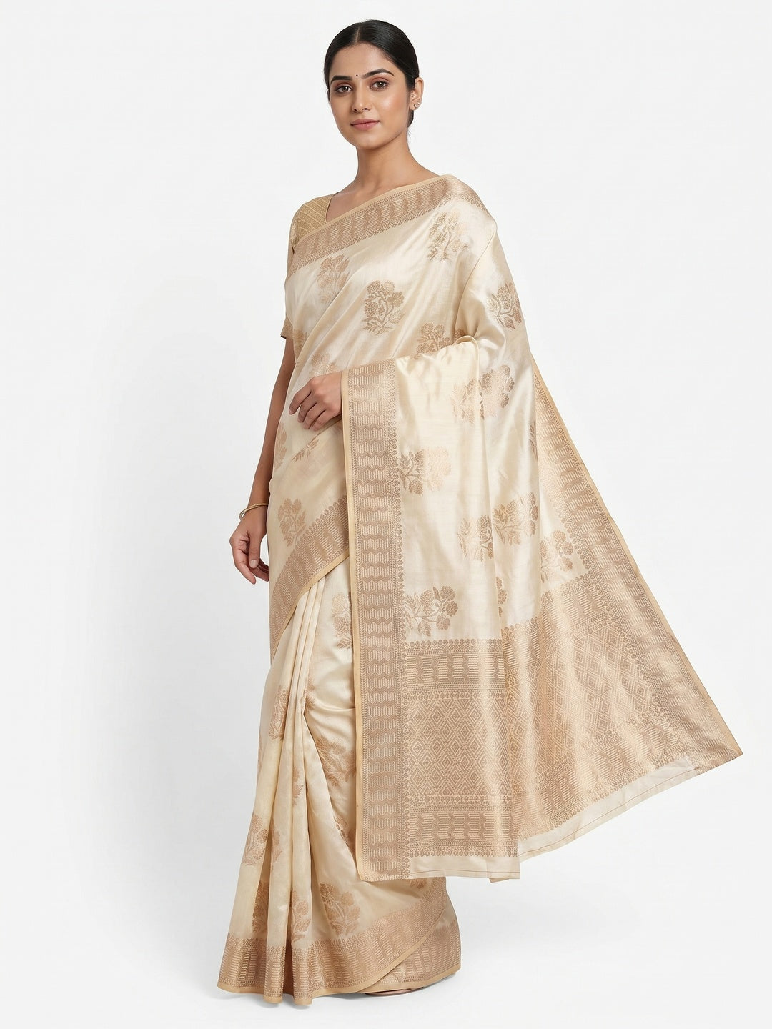Off White Off White Floral Woven Raw Silk Saree - Image 1