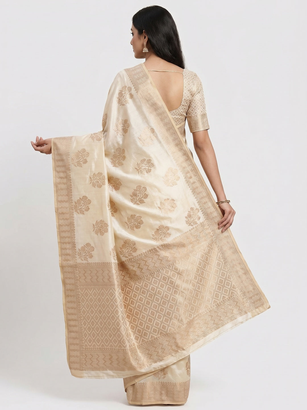 Off White Off White Floral Woven Raw Silk Saree - Image 2