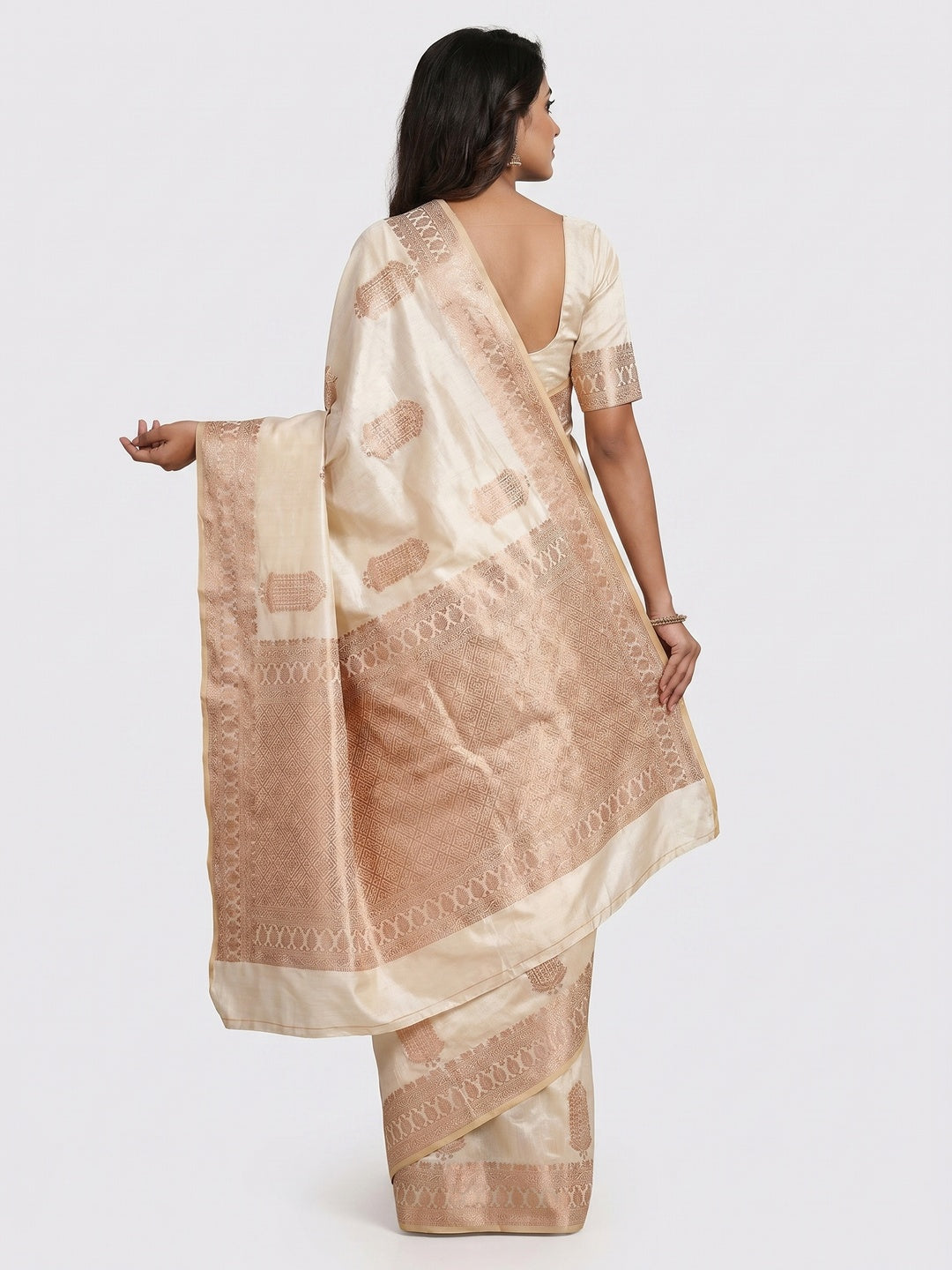 Off White Off White Floral Woven Raw Silk Saree - Image 2