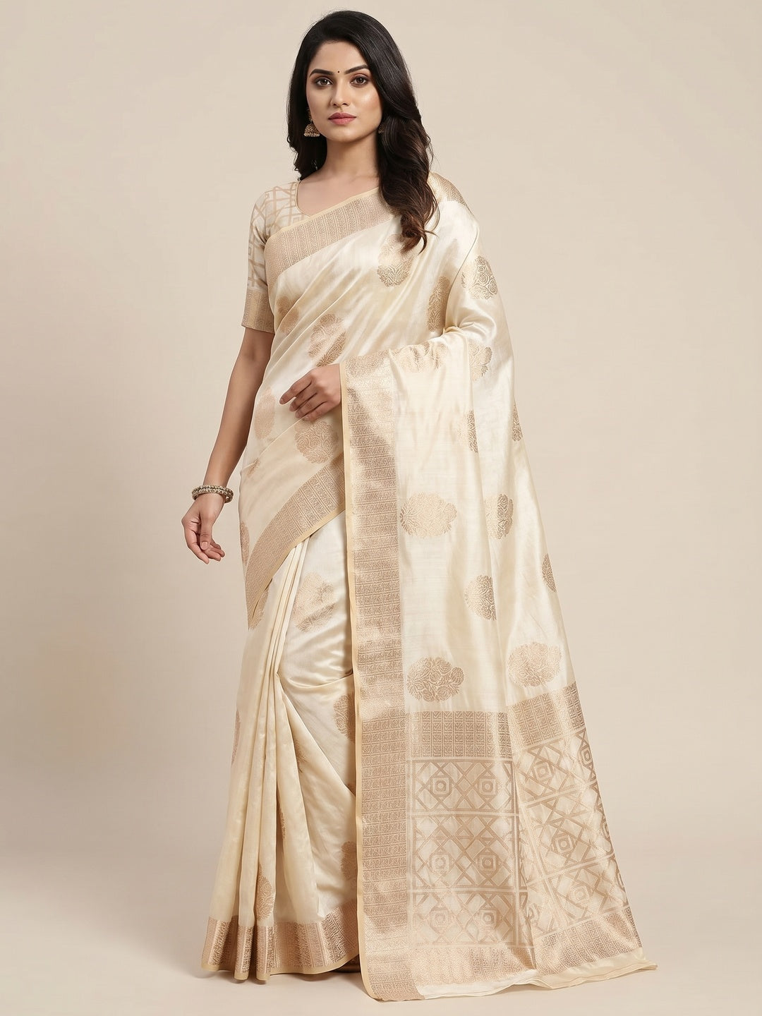 Off White Off White Floral Woven Raw Silk Saree - Image 3