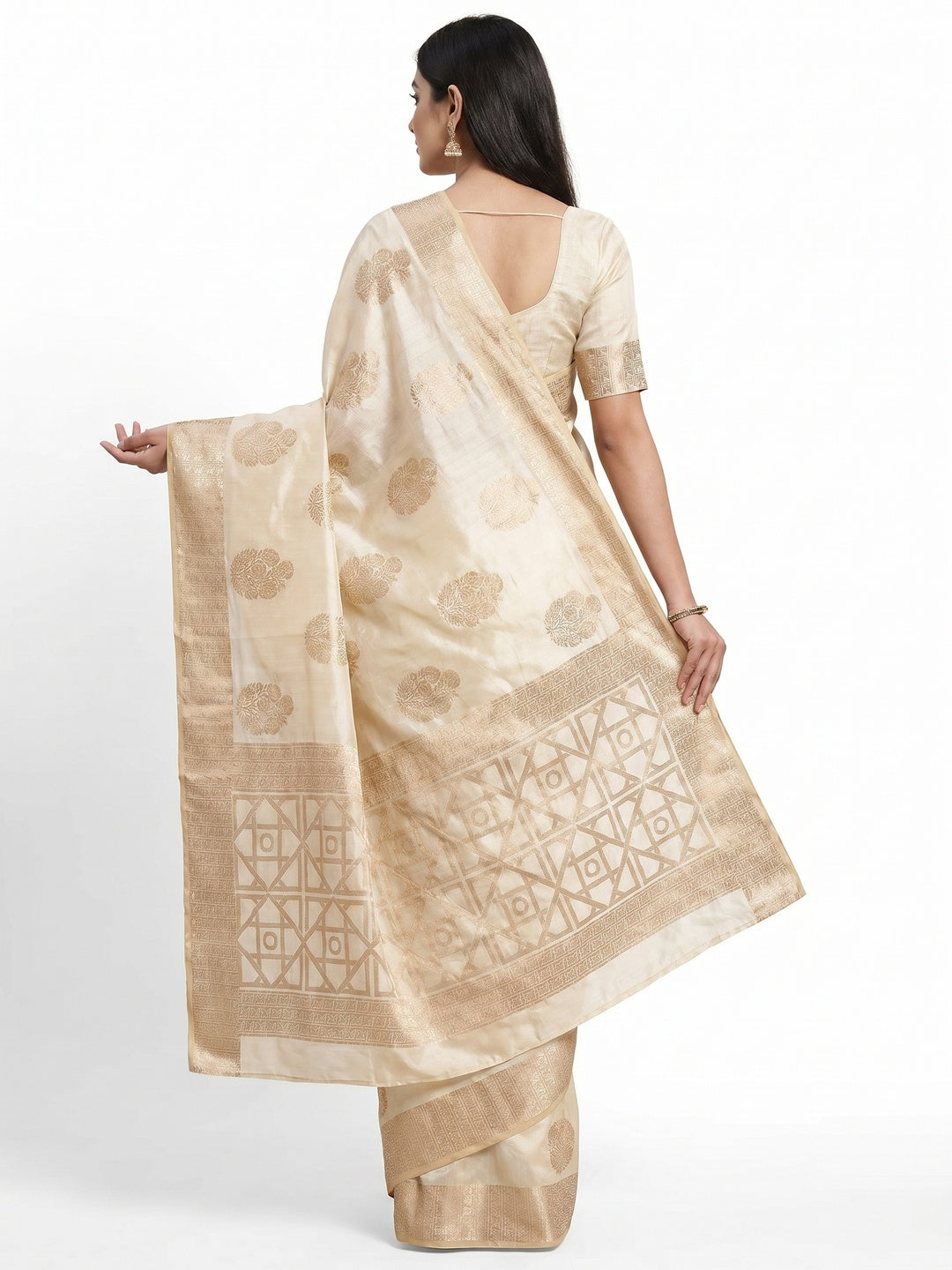 Off White Off White Floral Woven Raw Silk Saree - Image 2