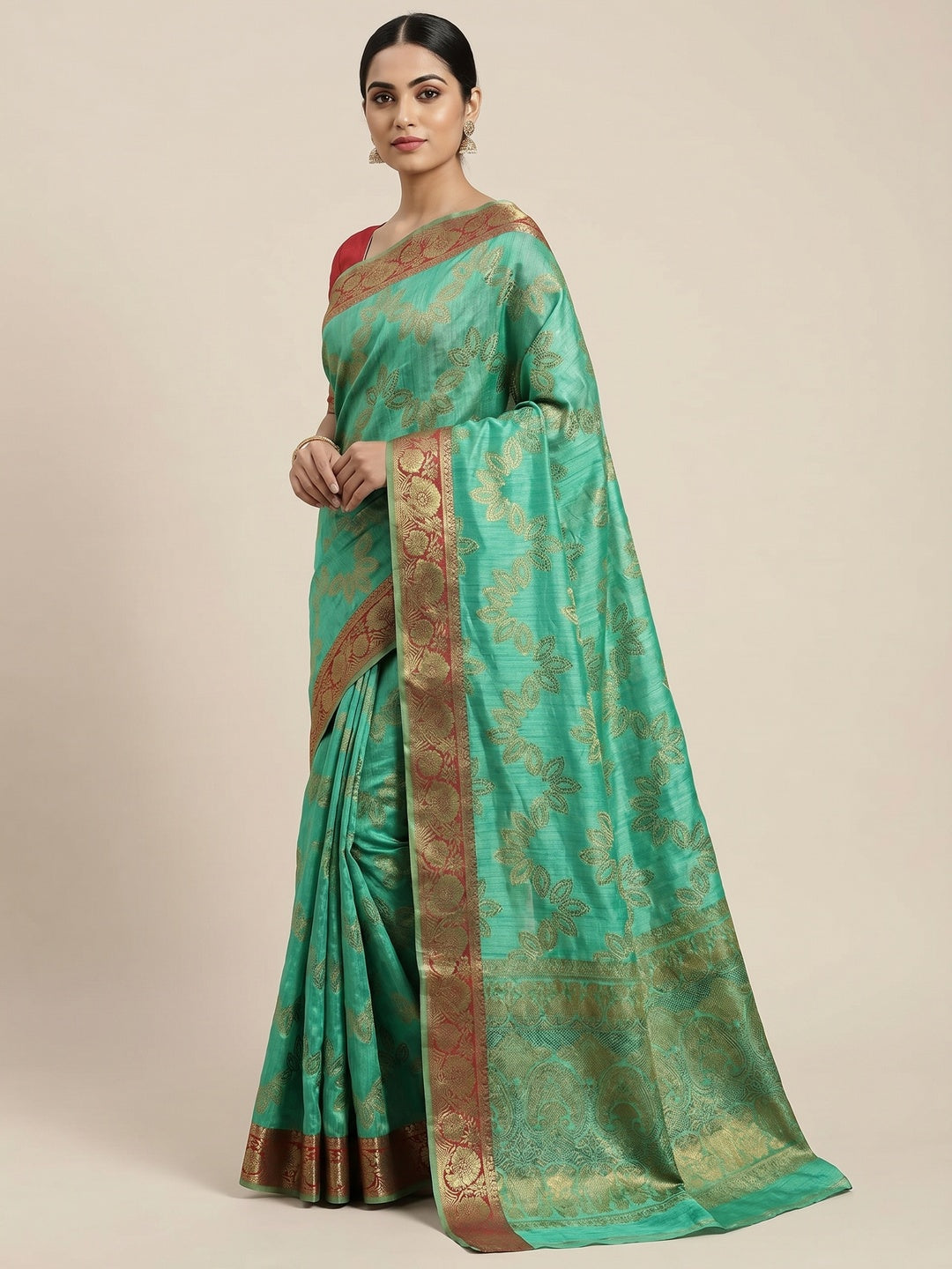 Rama Green Floral Woven Art Sill Saree - Image 1