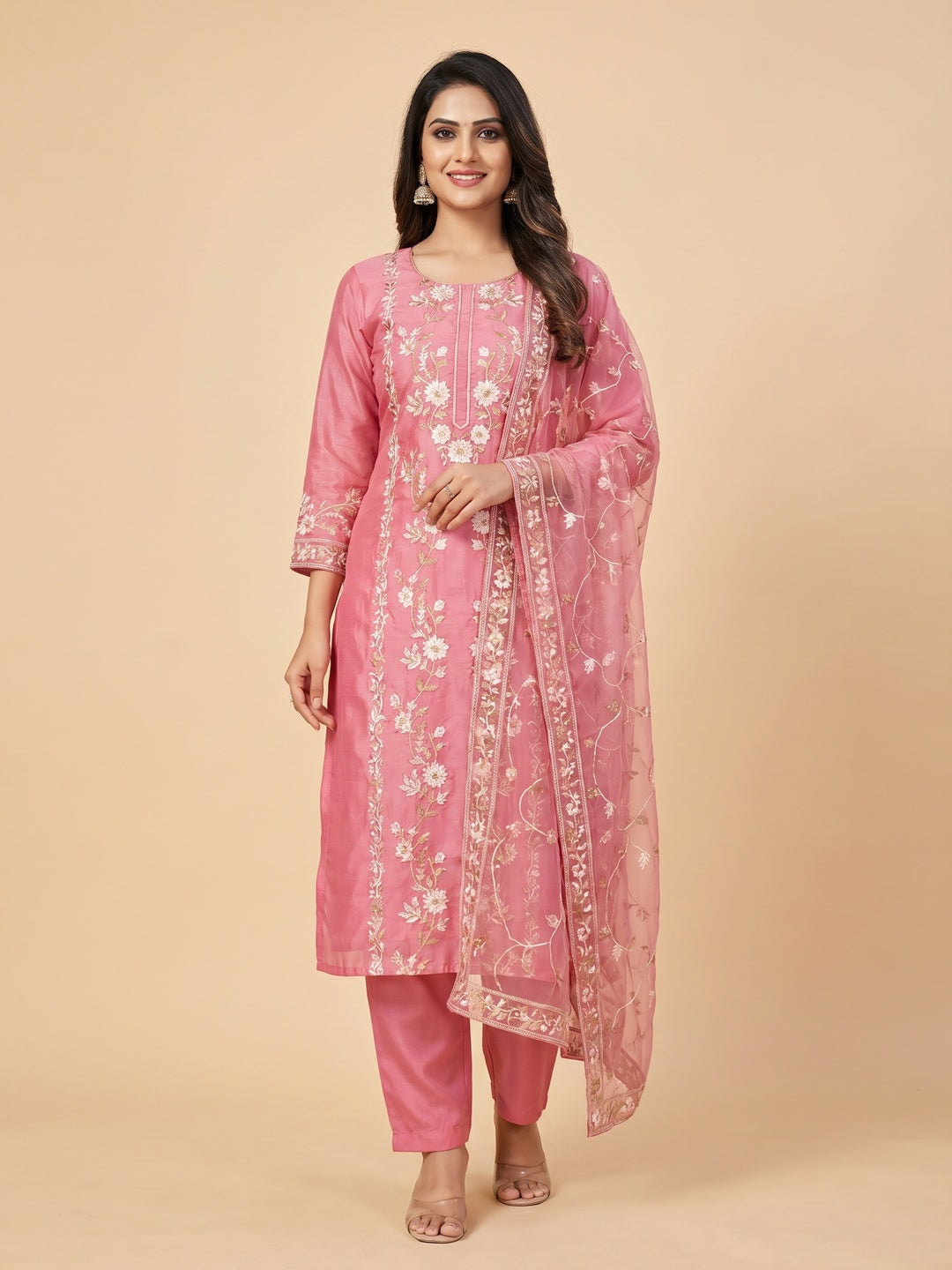 Pink Floral Embroidered Chanderi Dress Material - Image 1