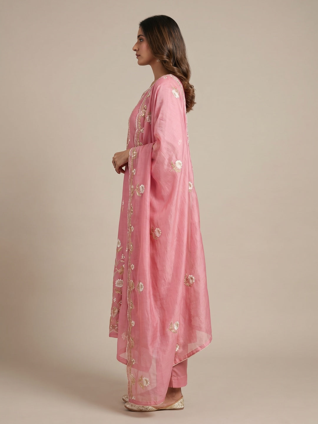 Pink Floral Embroidered Chanderi Dress Material - Image 3