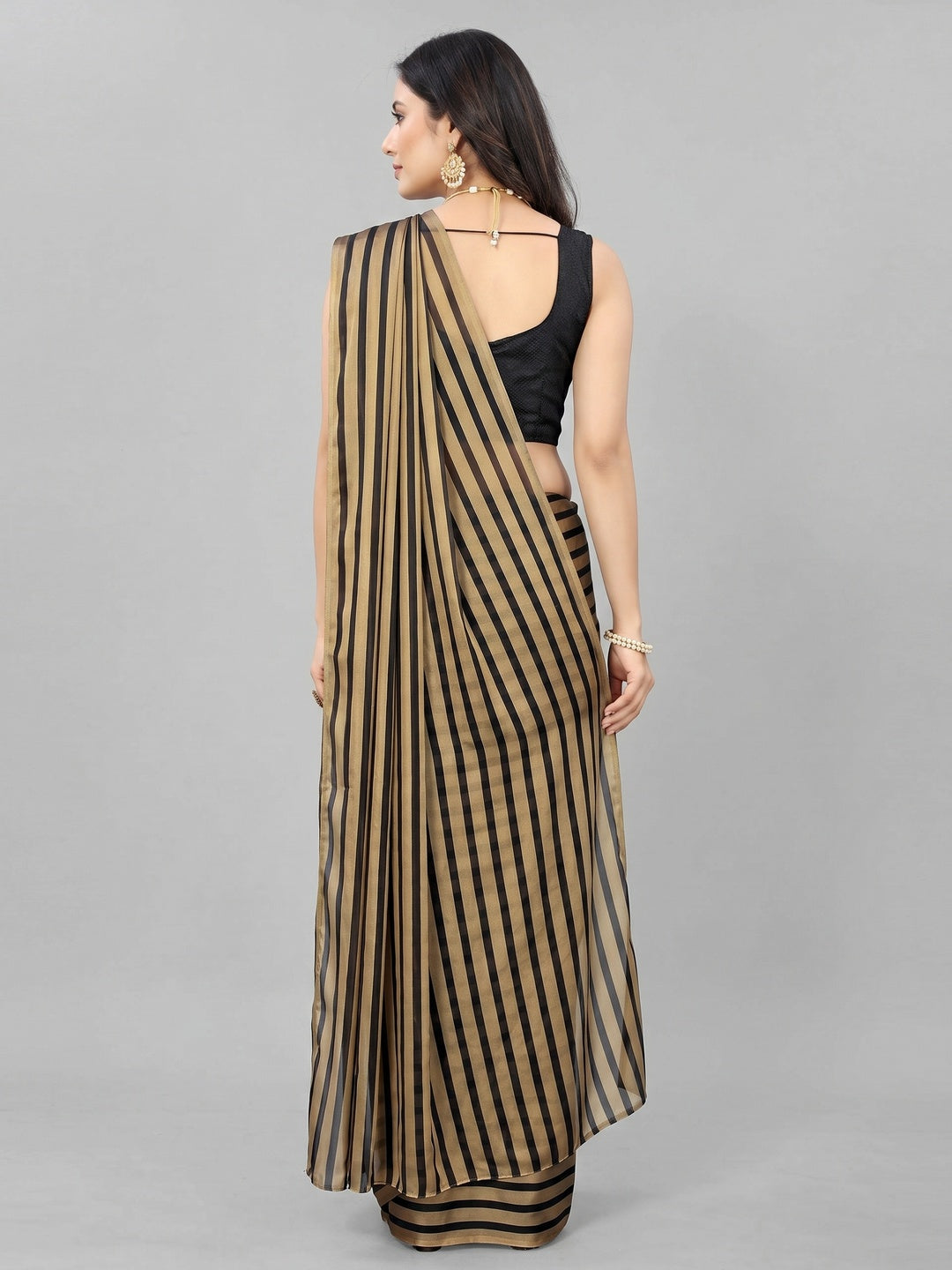 Gold Striped Printed Art Silk Saree - Image 2