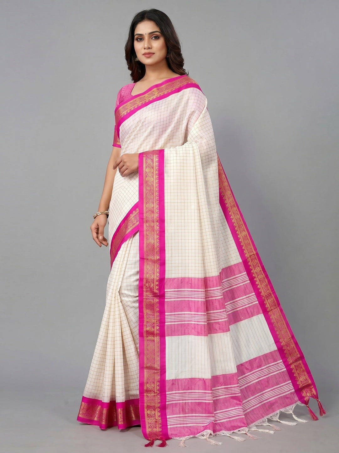White & Pink Checks With Woven Border Cotton Silk Saree - Image 2