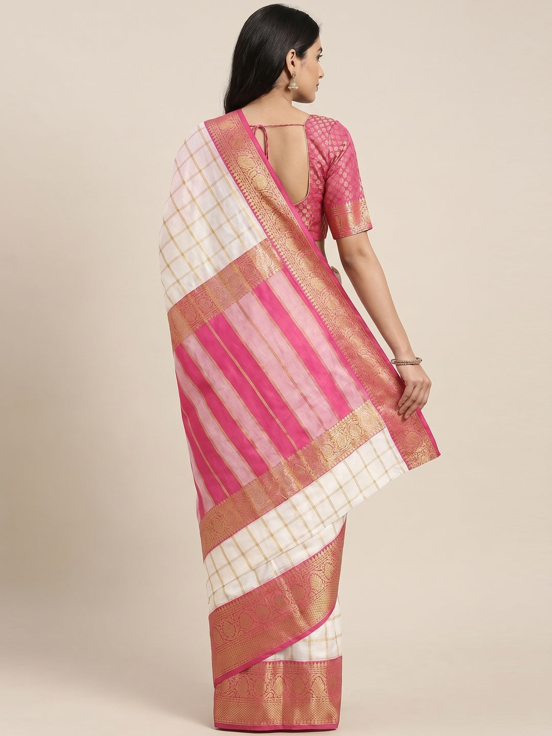 White & Pink Checks With Woven Border Cotton Silk Saree - Image 4