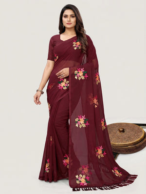 Maroon Floral Embroidered Chiffon Saree - Image 1