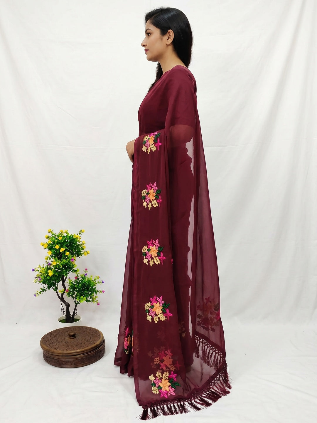Maroon Floral Embroidered Chiffon Saree - Image 2