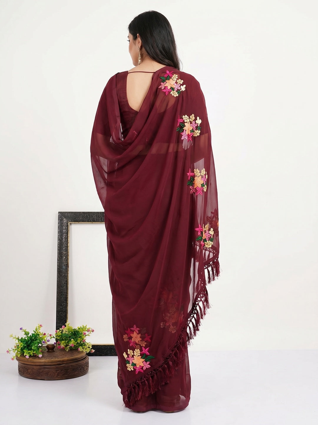 Maroon Floral Embroidered Chiffon Saree - Image 3