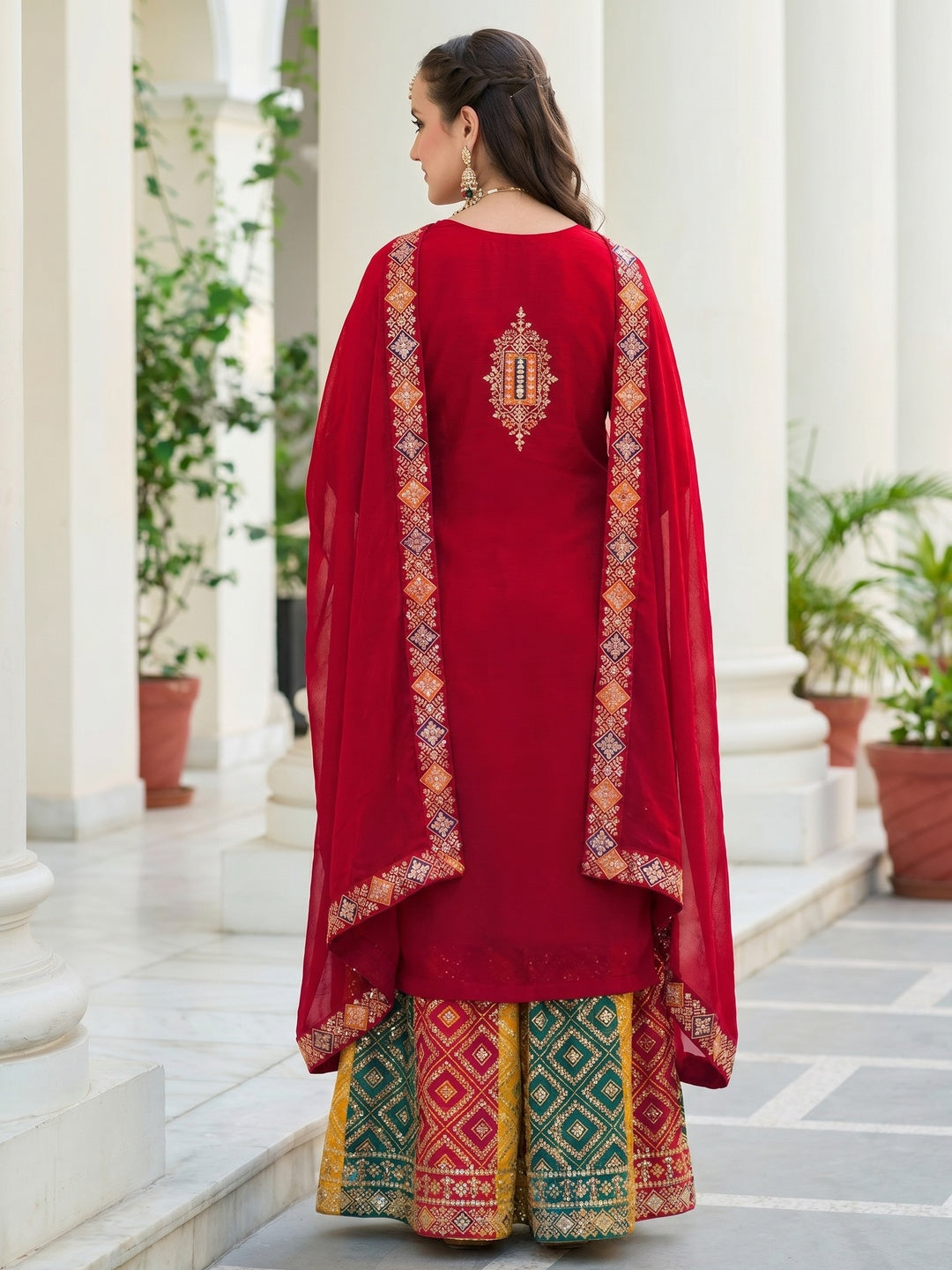Red Embroidered Georgette Semi Stitched Palazzo Suit - Image 1