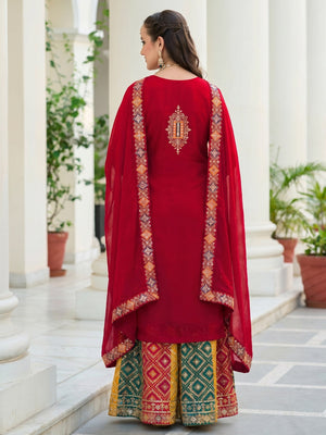Red Embroidered Georgette Semi Stitched Palazzo Suit - Image 1