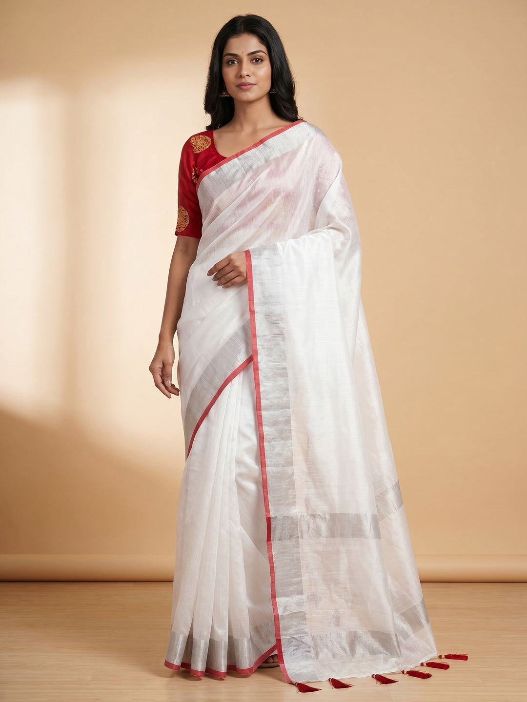 White Solid Chanderi Saree With Tassels - Image 1