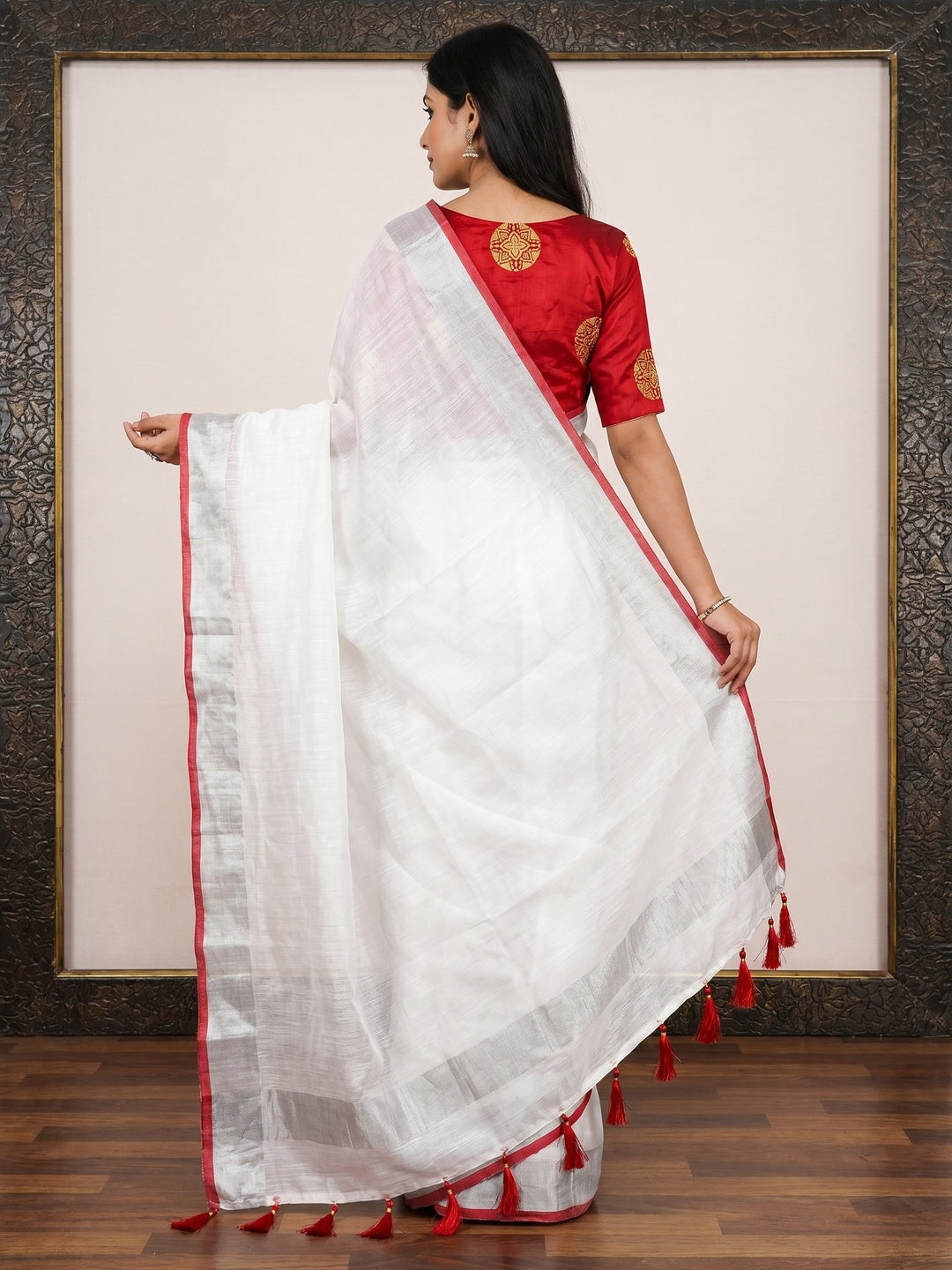White Solid Chanderi Saree With Tassels - Image 2