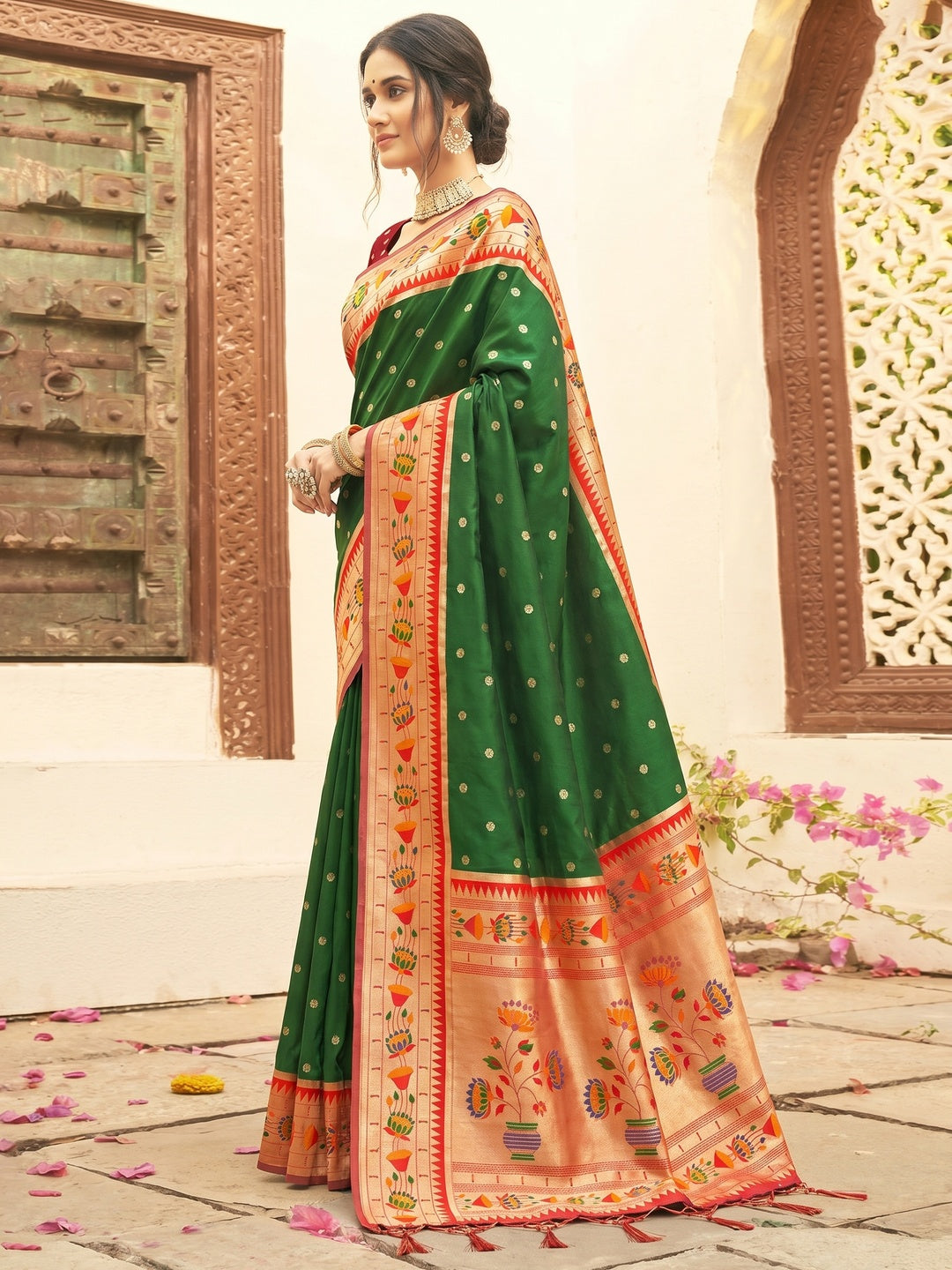 Green Floral Woven Banarasi Silk Saree With Tassels - Image 1