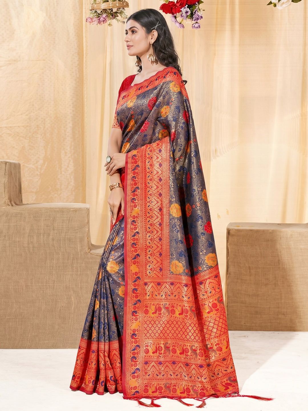 Blue Floral Woven Kanjivaram Silk Saree With Tassels - Image 1