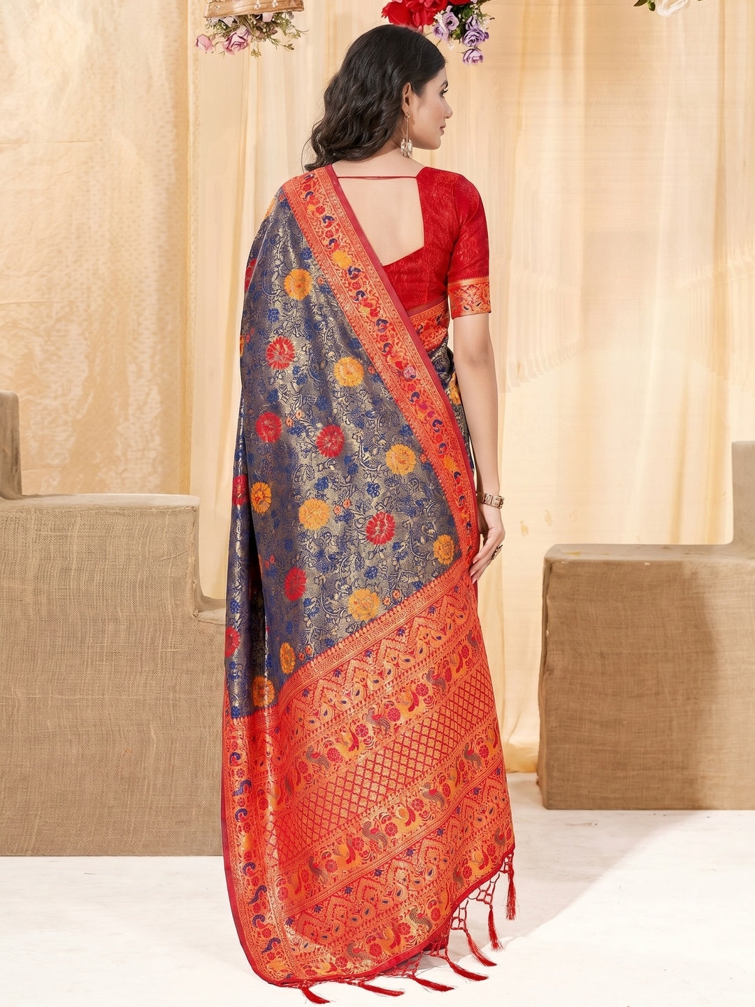 Blue Floral Woven Kanjivaram Silk Saree With Tassels - Image 2