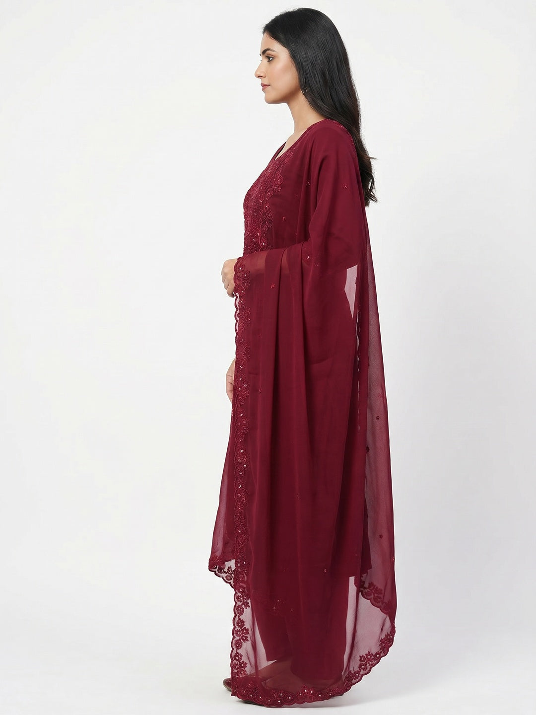 Maroon Floral Embroidered Georgette Dress Material - Image 2