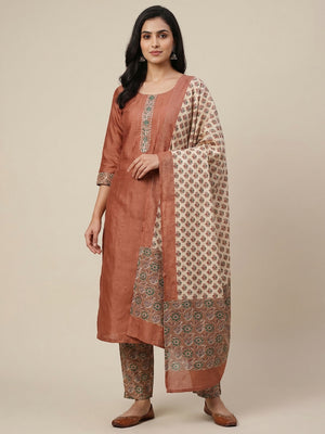 Rust Foil Printed Cotton Silk Dress Material - Image 1