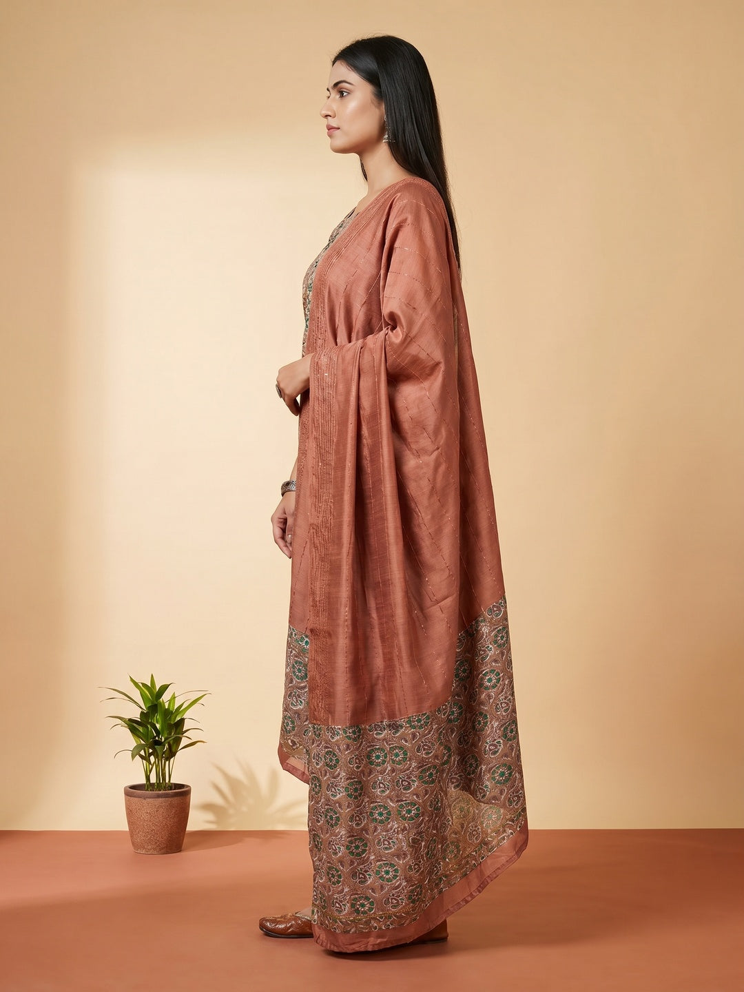 Rust Foil Printed Cotton Silk Dress Material - Image 2