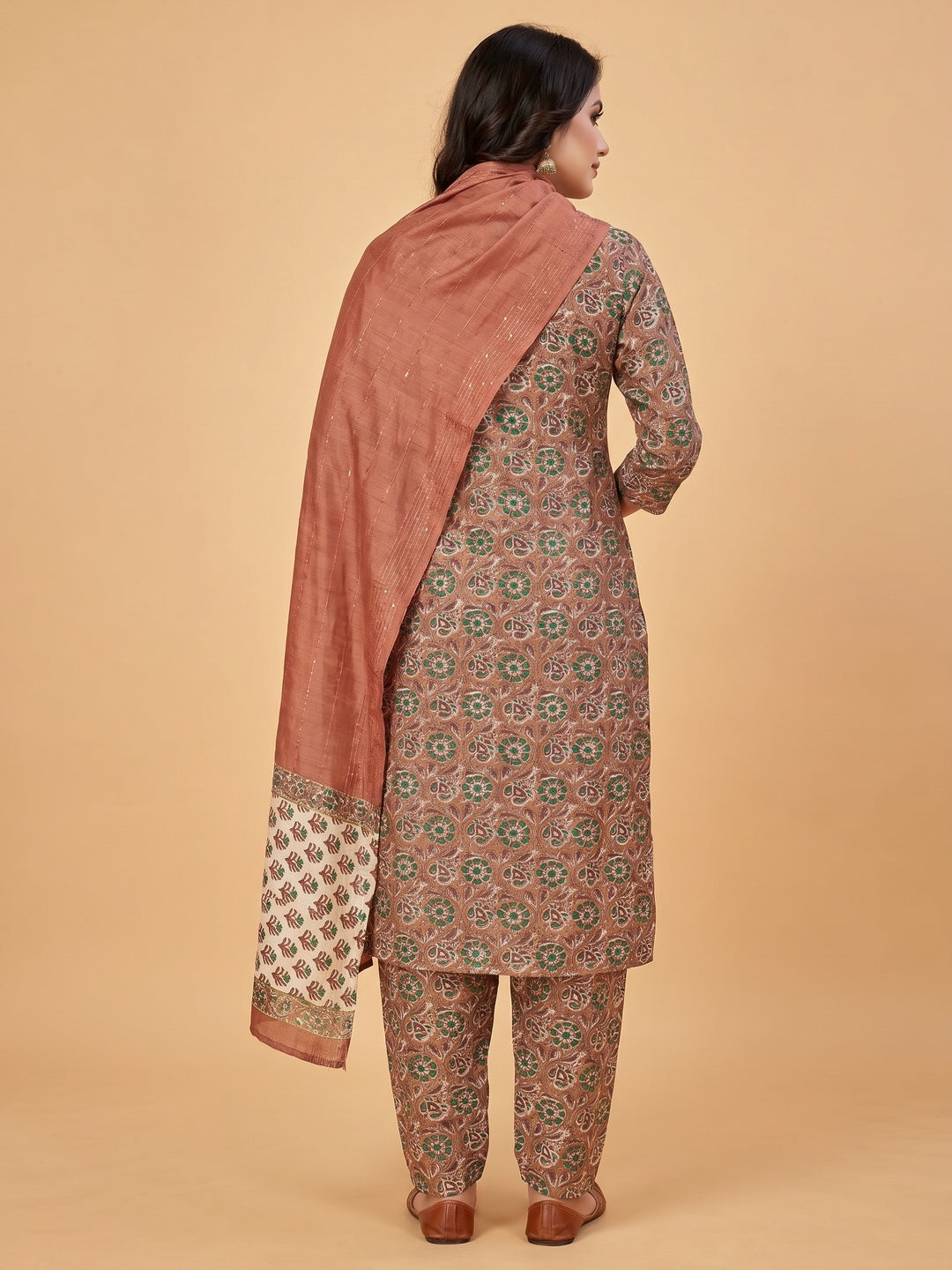 Rust Foil Printed Cotton Silk Dress Material - Image 3