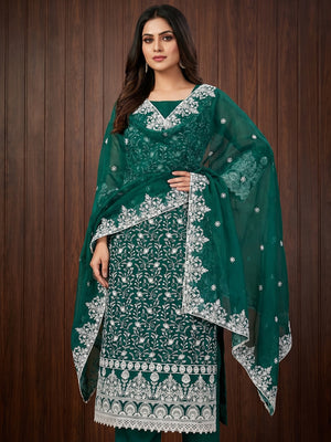 Nitisha NX Green Organza Embroidered Unstitched Dress Material - Image 1