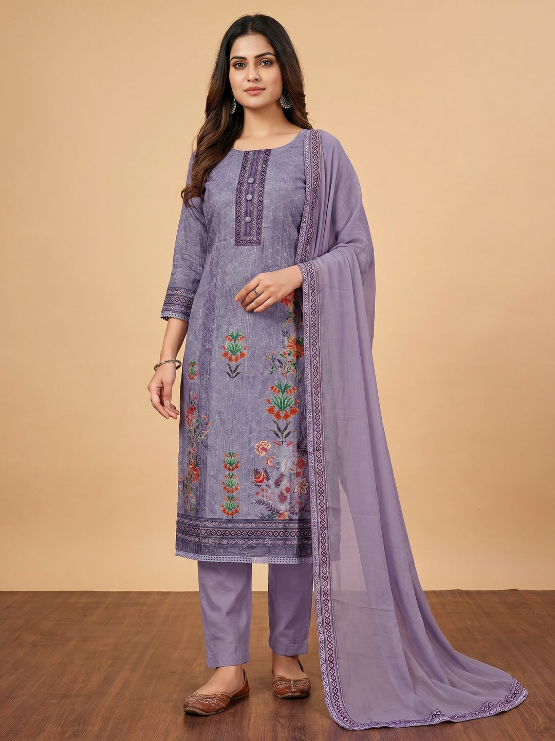 Purple Floral Printed Cotton Silk Dress Material - Image 1