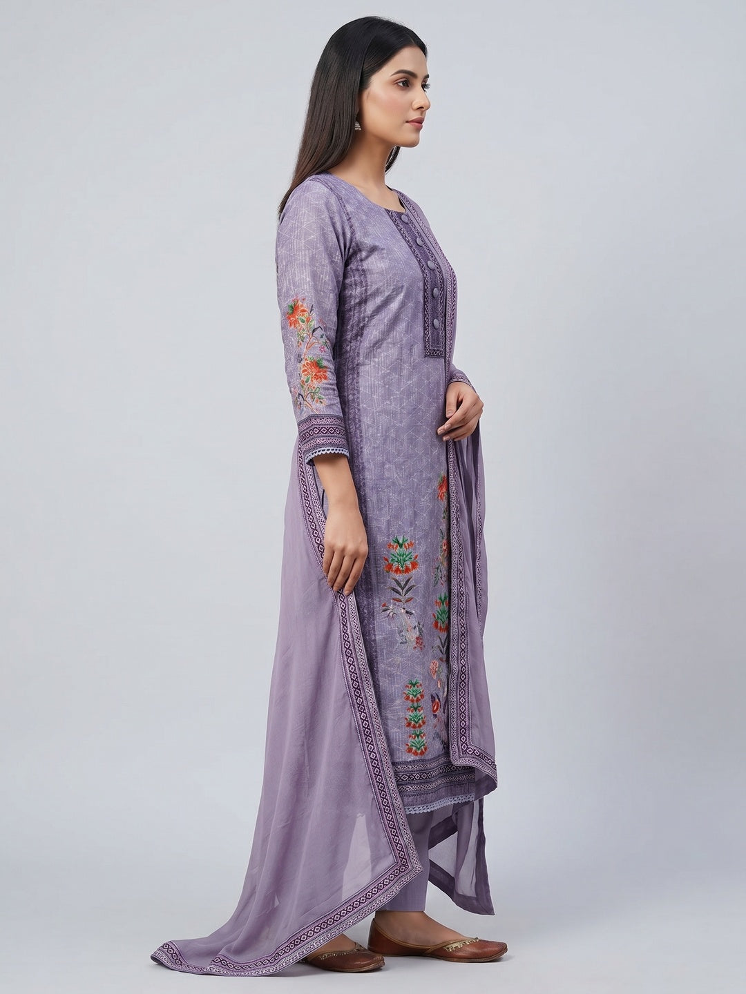 Purple Floral Printed Cotton Silk Dress Material - Image 3