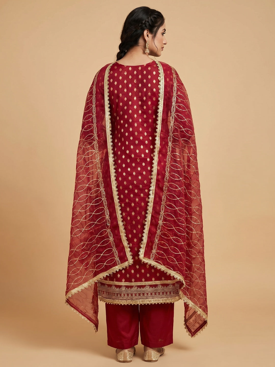 Red Floral Woven Organza Dress Material - Image 2