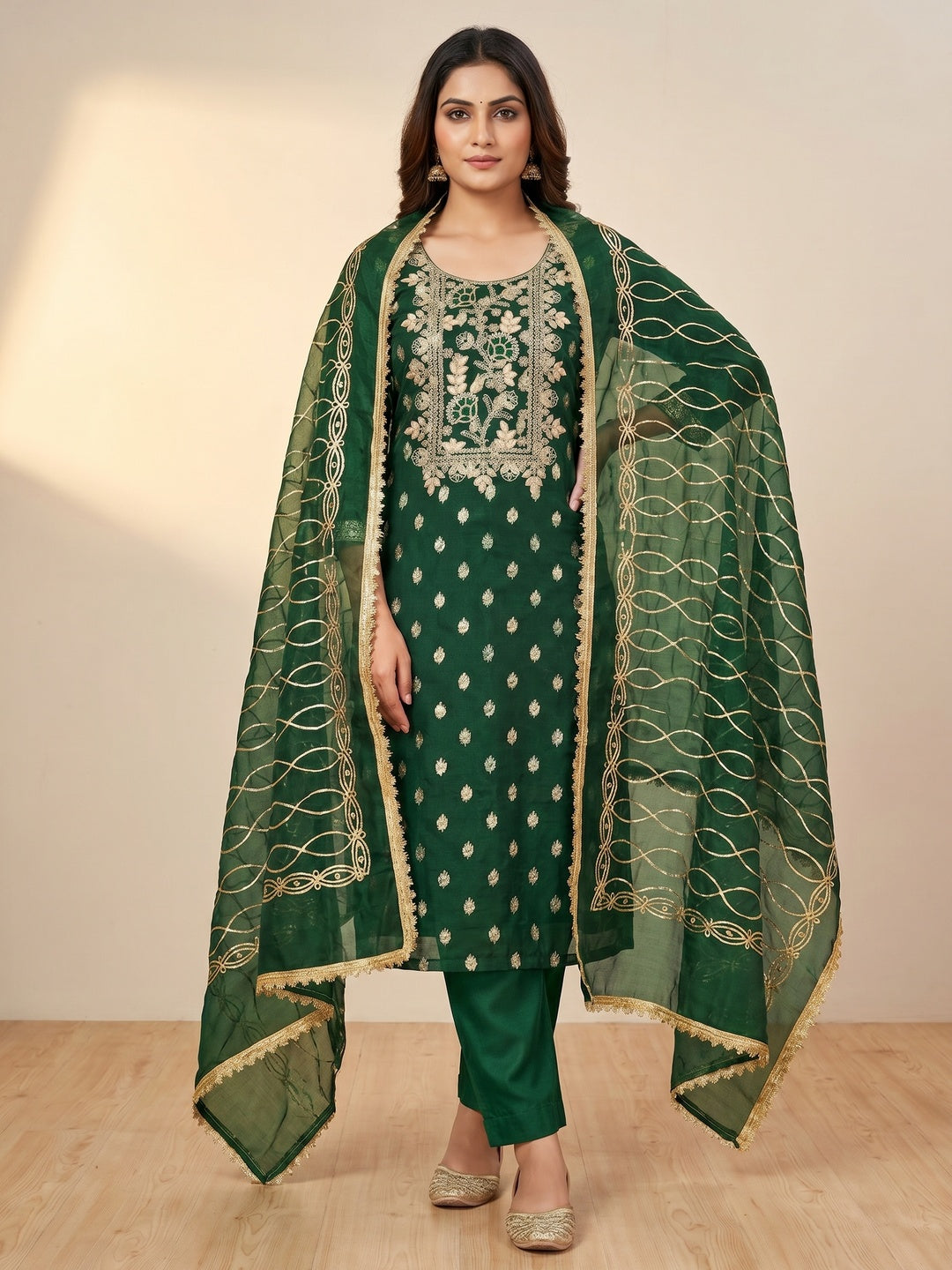 Green Floral Woven Organza Dress Material - Image 2