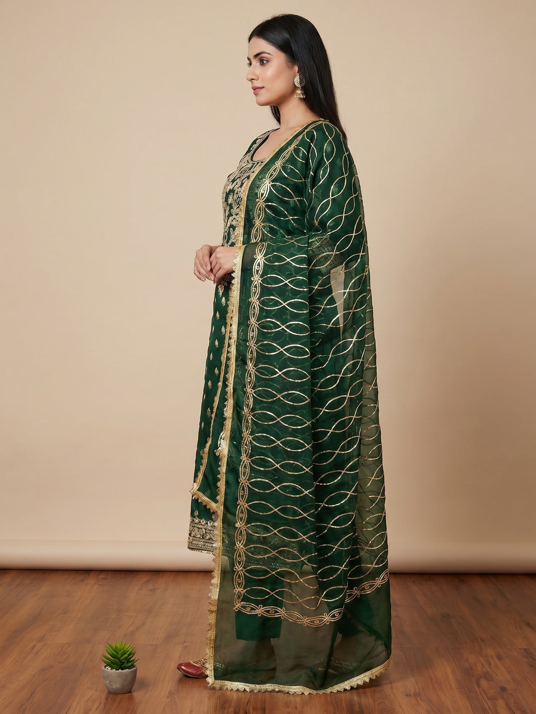 Green Floral Woven Organza Dress Material - Image 3