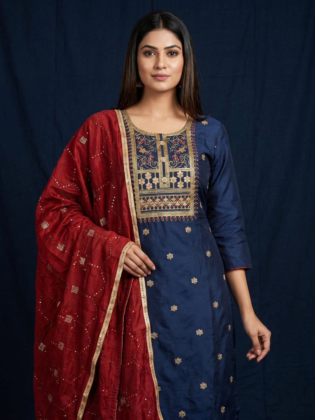 Blue Floral Embroidered Cotton Silk Dress Material - Image 1