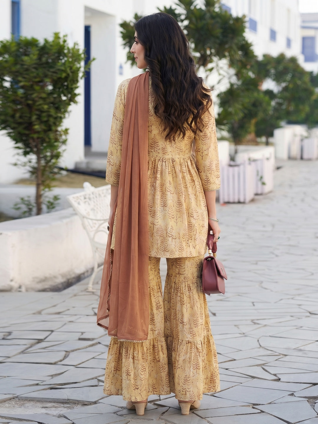 Beige Printed Pure Cotton Sharara Suit - Image 1