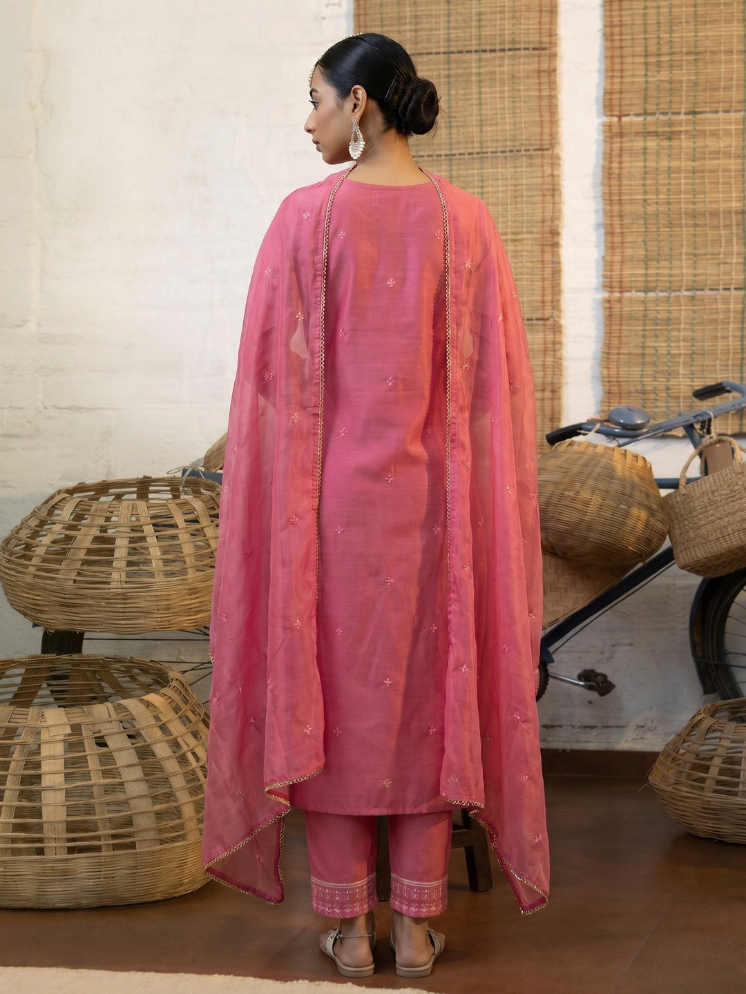 Pink Floral Embroidered Chanderi Salwar Suit - Image 1
