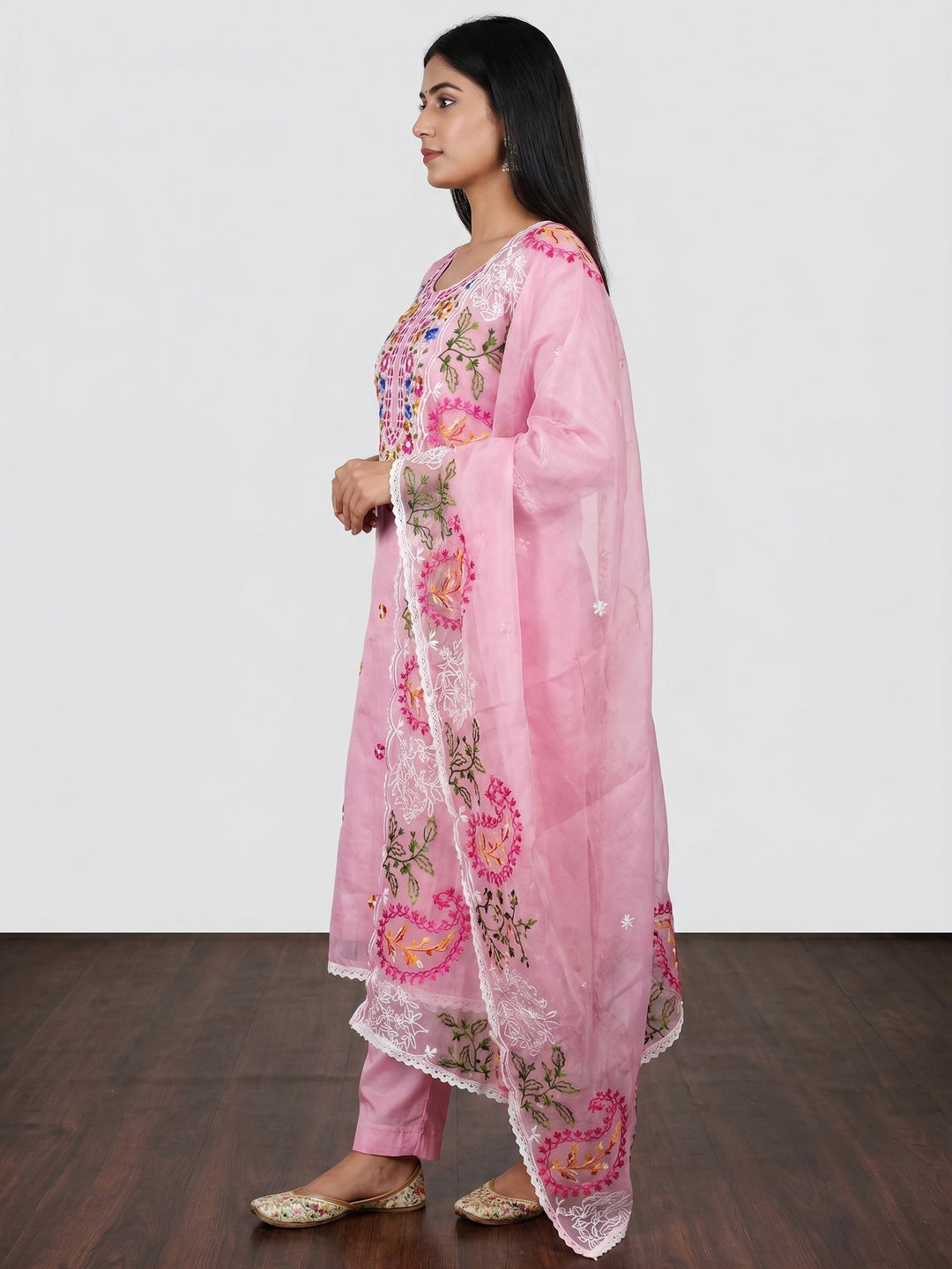 Pink Floral Embroidered Chanderi Dress Material - Image 2