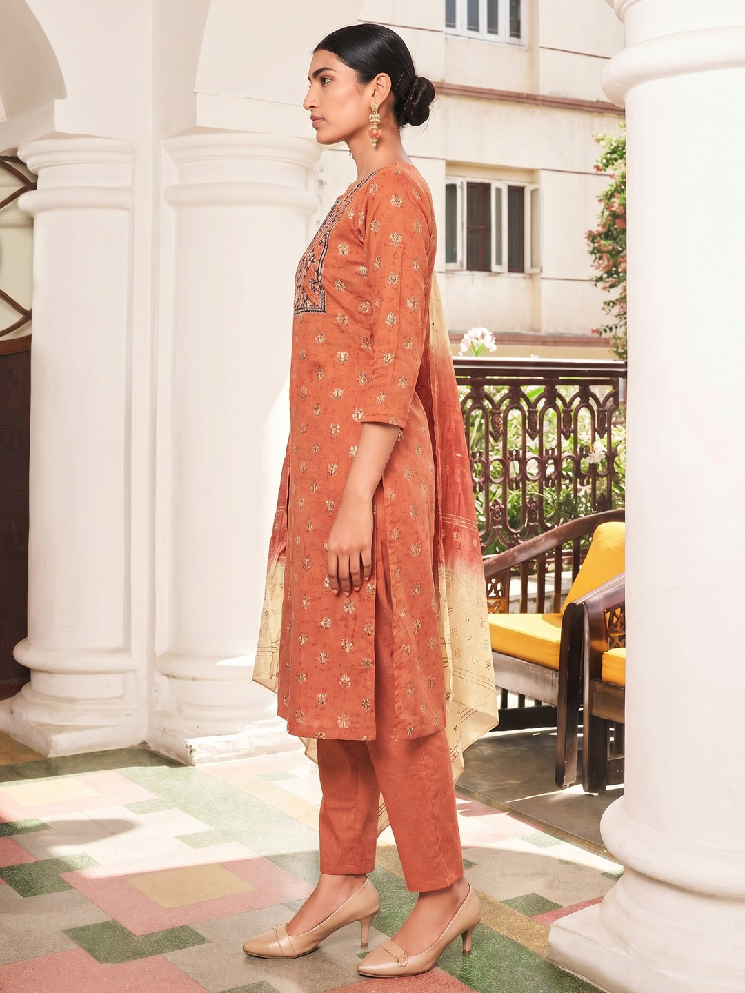 Orange Floral Printed Pure Cotton Salwar suit - Image 1