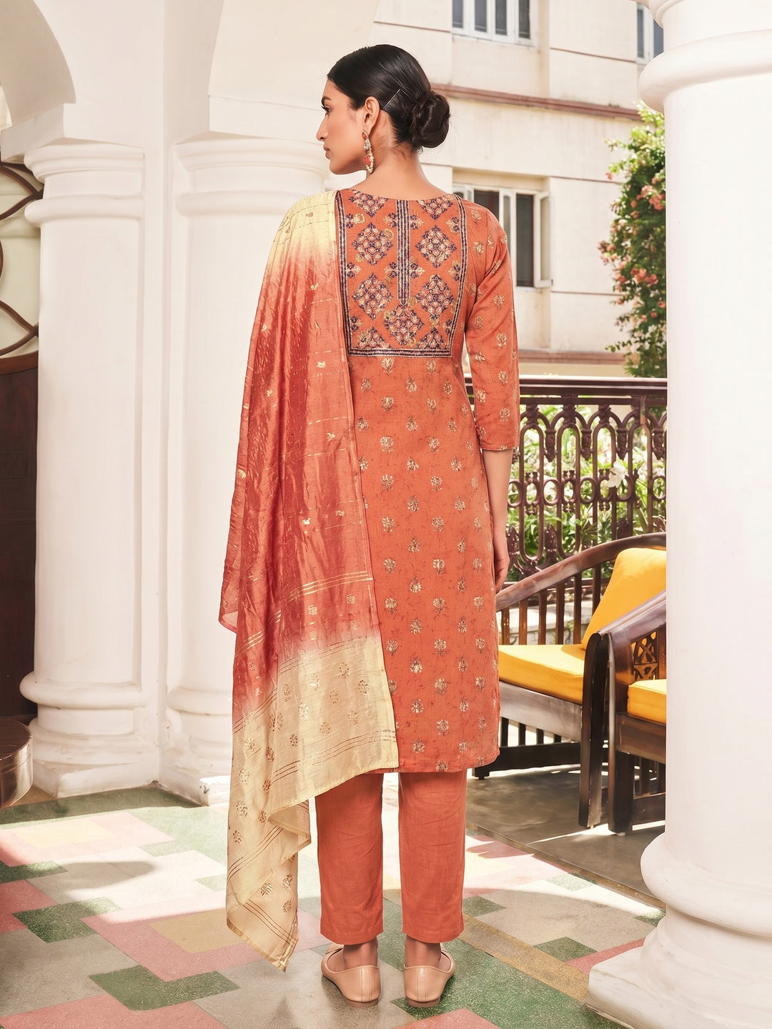 Orange Floral Printed Pure Cotton Salwar suit - Image 2