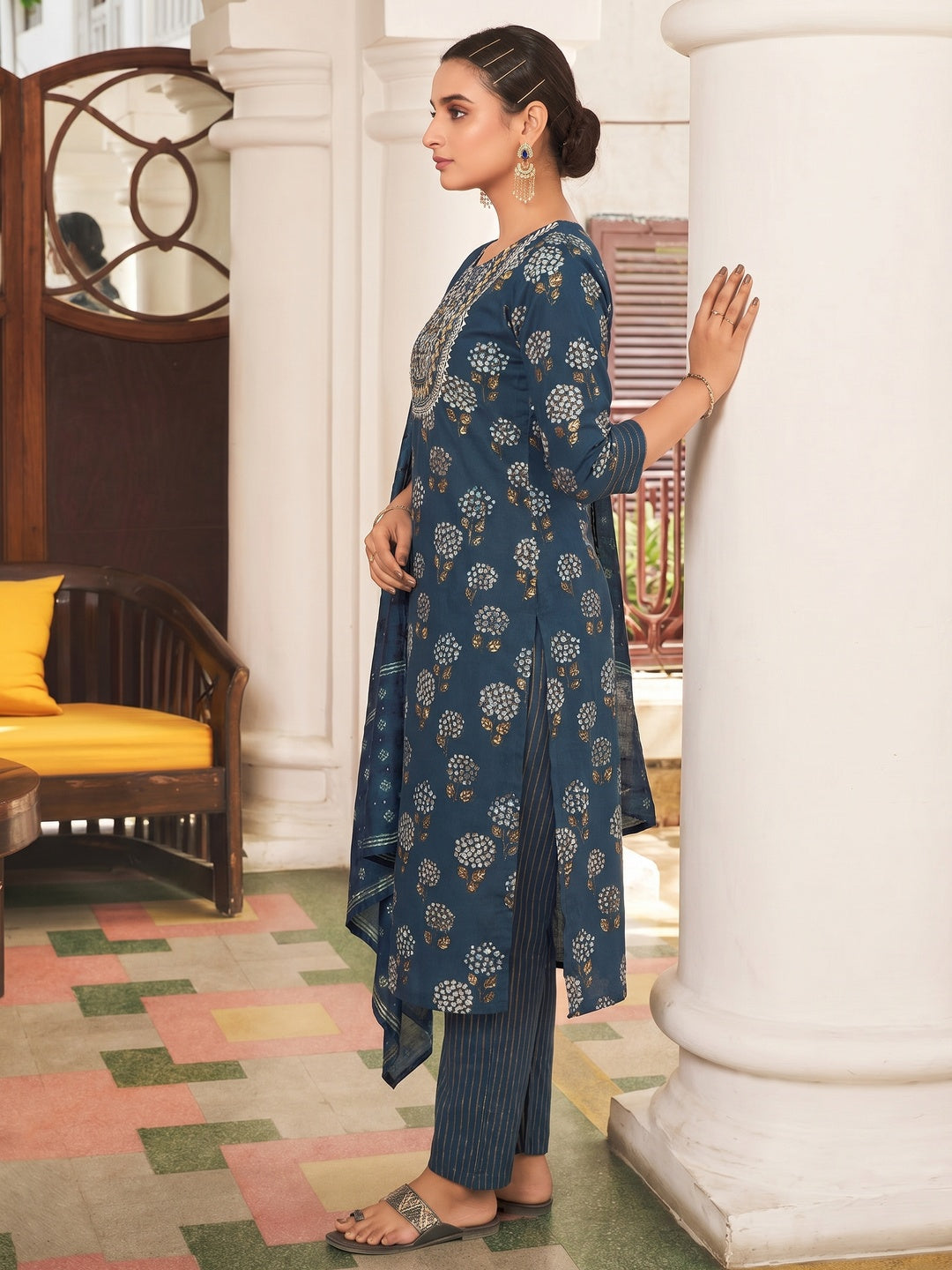 Blue Floral Printed Pure Cotton Salwar suit - Image 1