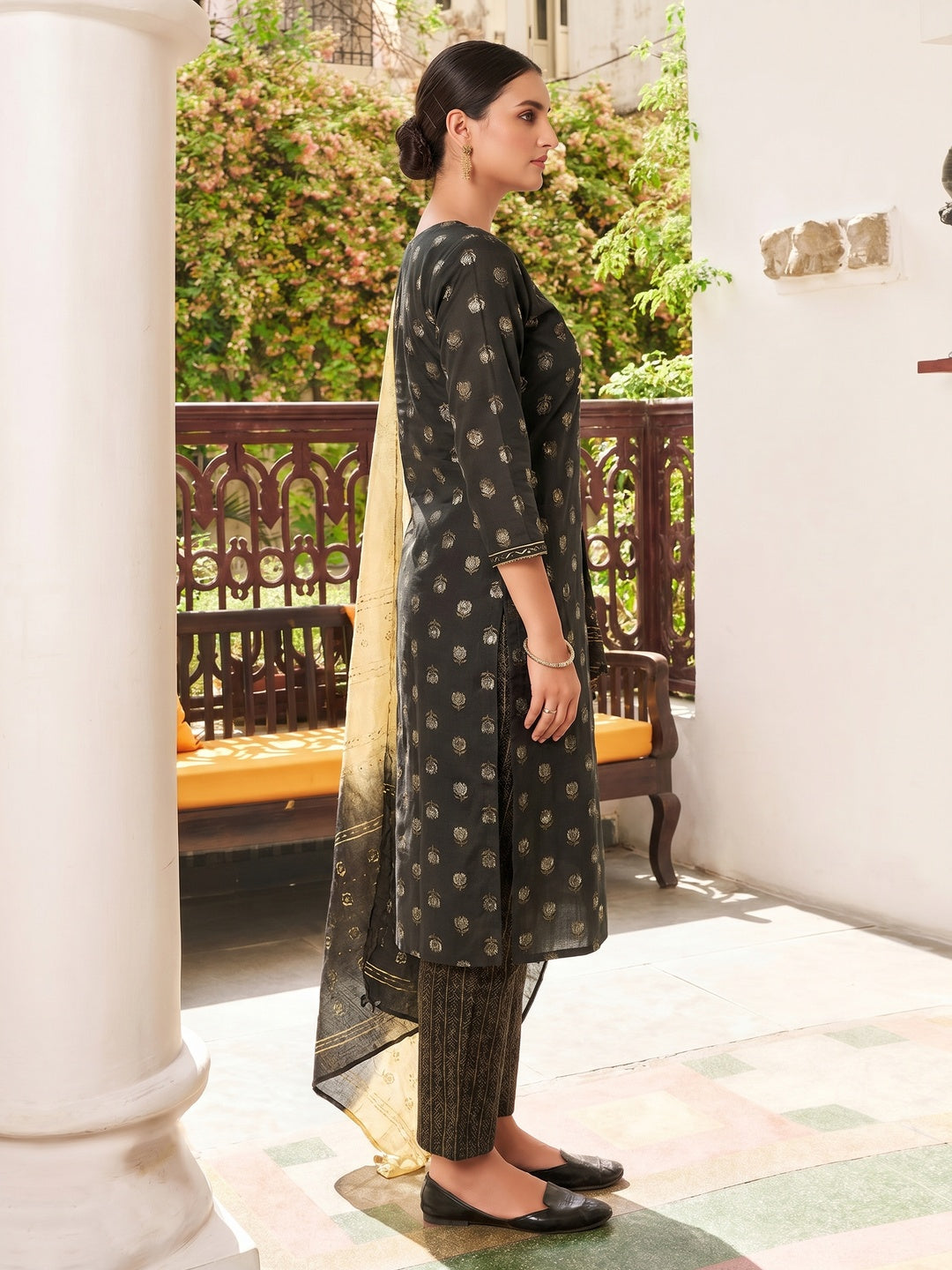 Dark Grey Floral Printed Pure Cotton Salwar suit - Image 1
