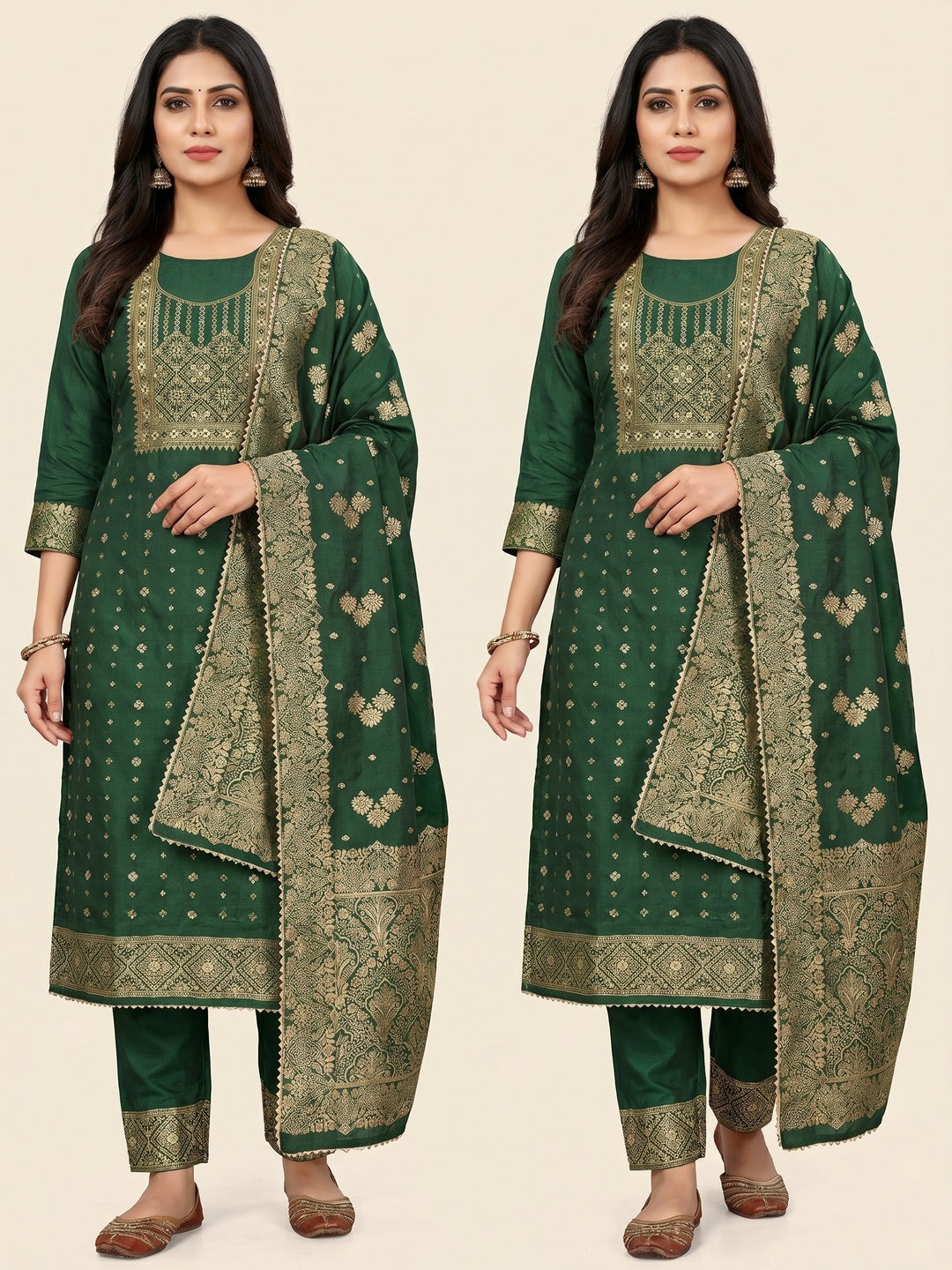 Green Woven Cotton Silk Dress Material - Image 1