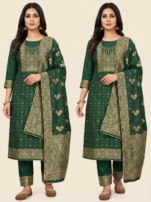 Green Woven Cotton Silk Dress Material - Image 1