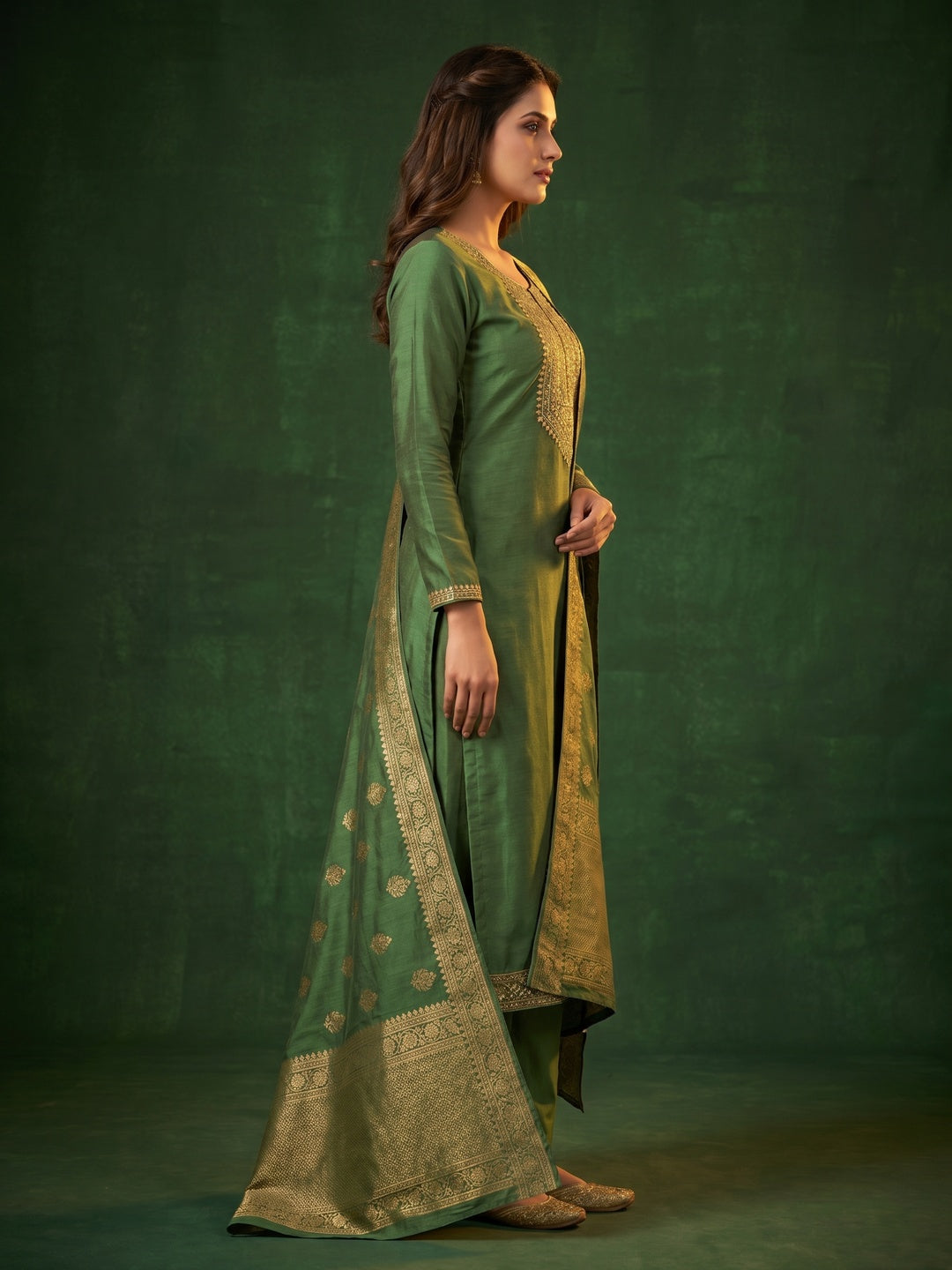 Green Woven Cotton Silk Dress Material - Image 2