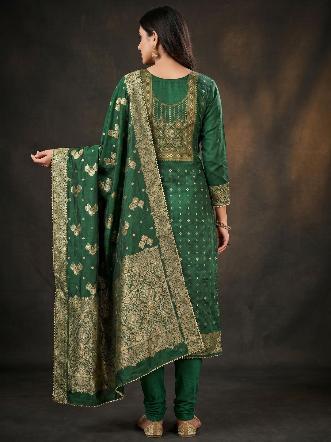Green Woven Cotton Silk Dress Material - Image 3